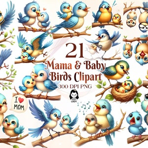 Aquarelle mignonne maman et bébé oiseaux Clipart, chambre d'animaux des bois, ours lapin chaton maman fille fils fête des mères fête des mères Png