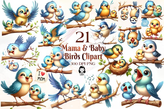 Watercolor Cute Mama and Baby Birds Clipart, Woodland Animal Nursery, Bear Bunny Kitten Mom Daughter Son Mother's Day Baby Shower Png