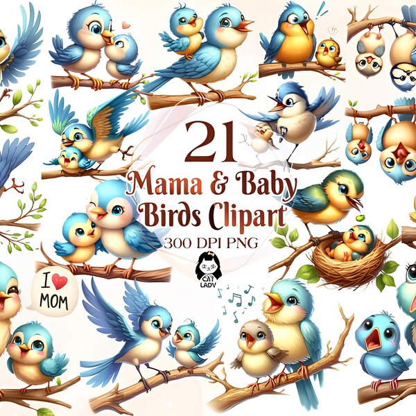 Watercolor Cute Mama and Baby Birds Clipart, Woodland Animal Nursery, Bear Bunny Kitten Mom Daughter Son Mother's Day Baby Shower Png