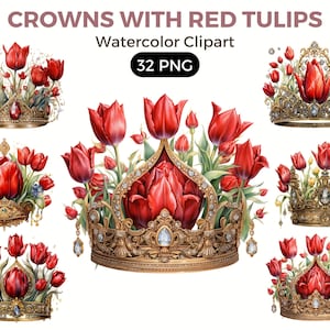 Royal Crowns With Red Tulips Flowers Clipart, Watercolor floral clipart, bouquets, flowers, nursery, wreath, blossom, for portraits png