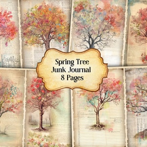 Spring Tree Junk Journal Kit, Vintage Spring Trees Journal Pages, Dictionary page Junk Journal Printable Paper, Digital Collage Sheet