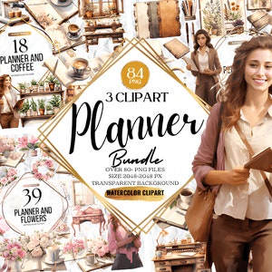 Megabundle 84 akwarela Planner Girl clipart, planowanie pakietu clipartów, dziennik estetyczny PNG, filiżanka kawy, elementy planisty, planista miłości