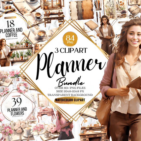 Planificateur aquarelle Megabundle 84 fille Clipart, planification Clipart Bundle, Journal Png esthétique, tasse à café, éléments de l'agenda, Love Planner