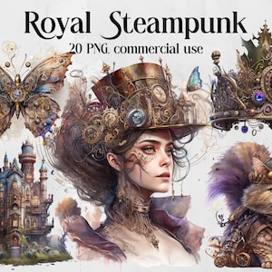 Watercolor Clipart Royal Steampunk, Watercolor Steampunk PNG,Pink Steampunk Victorian Bundle, Fantasy Clipart, Instant Digital Download