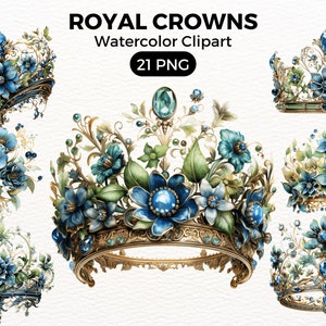 Blue Green Flowers Royal Crowns Clipart, Watercolor floral clipart, bouquets, flowers, nursery, wreath, blossom, for portraits, accessories