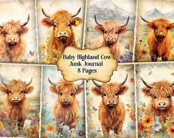 Watercolor Baby Highland Cow Junk Journal Printable Page, Cow Junk Journal Kit,Junk Journal Paper Digital Collage Sheet, Instant Download