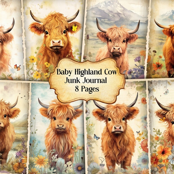 Watercolor Baby Highland Cow Junk Journal Printable Page, Cow Junk Journal Kit,Junk Journal Paper Digital Collage Sheet, Instant Download