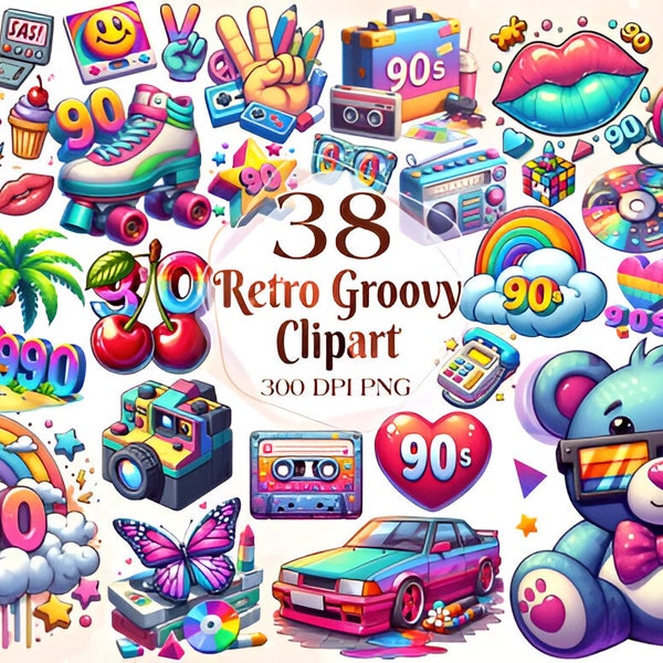 Retro Groovy Clipart | 80 Retro Hippie Graphics | Vintage Retro Graphics | PNG and JPEG for stickers - printables with commercial licence