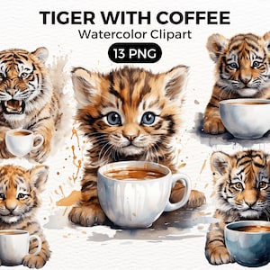 Watercolor tiger clipart, Coffe tiger clipart bundle, Wild animal clipart, Baby tiger clipart, Paper craft, Junk Journal, Scrapbooking