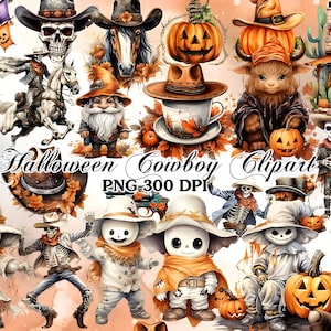 Halloween Cowboy Watercolor Clipart Bundle | PNG Trick or Treat Images, Sweet Dessert Graphics, Instant Digital Download,Commercial Use