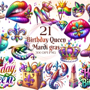 Watercolor Mardi Gras Birthday Queen Clipart Bundle Clipart Masquerade Clip Art Fleur de lis Graphics Happy Mardi Gras Png Carnival