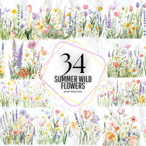 Lindas flores silvestres de verão em tons pastéis - clipart de prado de flores silvestres, flores silvestres para impressão, download digital, criação de cartões, uso comercial