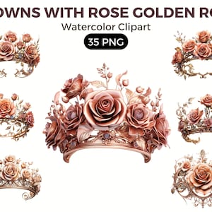 Royal Crowns Rose Gold Roses Clipart, Watercolor floral clipart, bouquets, flowers, nursery, wreath, blossom, for portraits, accessories