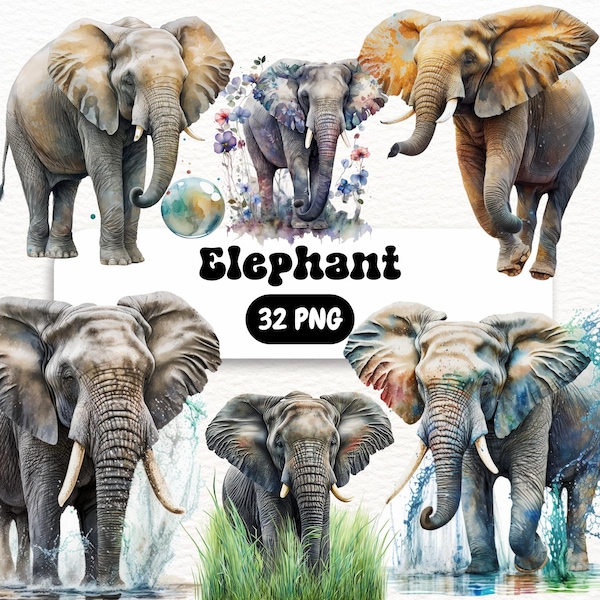 Elephant Clipart, 32 High Quality PNGs, Nursery Art | Card Making, Clip Art, Elephant Print, Digital Paper Craft, Watercolour Painting