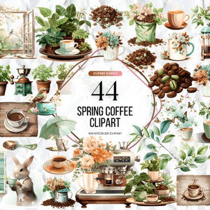 Aquarell Frühling Floral Kaffee Clipart Bündel, Esspresso Clipart, Cappuccino Clipart, Kaffeepause digitaler Download