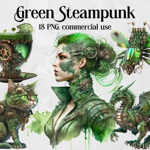 Watercolor Clipart Green Steampunk, Watercolor Steampunk PNG,Pink Steampunk Victorian Bundle, Fantasy Clipart, Instant Digital Download