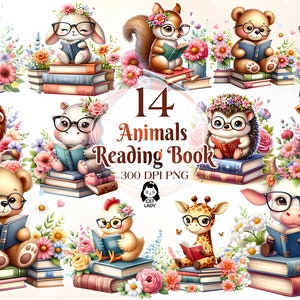 14 PNG acuarela Booklover Animales Clipart Paquete, Lectura Animales Clip Art, Fantasía Lectura Clipart, Libro de Lectura Animales Vivero png set