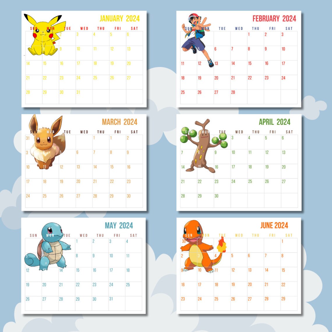 Pokemon Printable Calendar 2024, Gaming, Game, Game Room Decor, Gaming