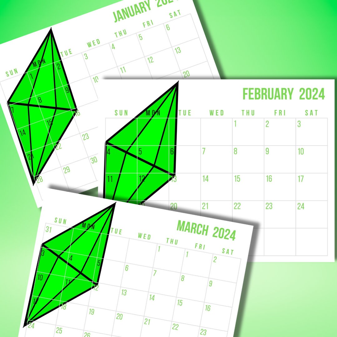 The Sims Printable Calendar 2024, Plumbob, Gaming, Game, Game Room