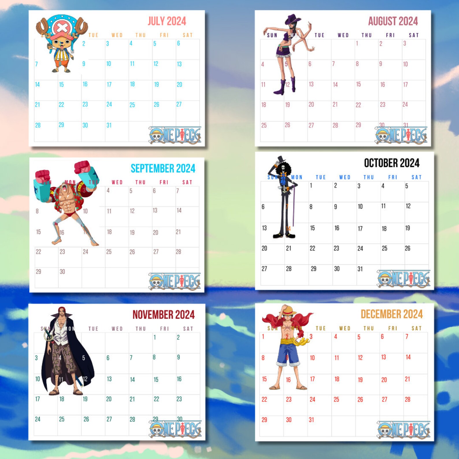 Calendario imprimible de One Piece 2024, Anime, Juego, Decoración de