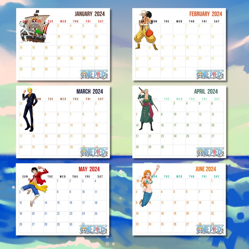 One Piece Printable Calendar 2024, Anime, Game, Game Room Decor, Anime