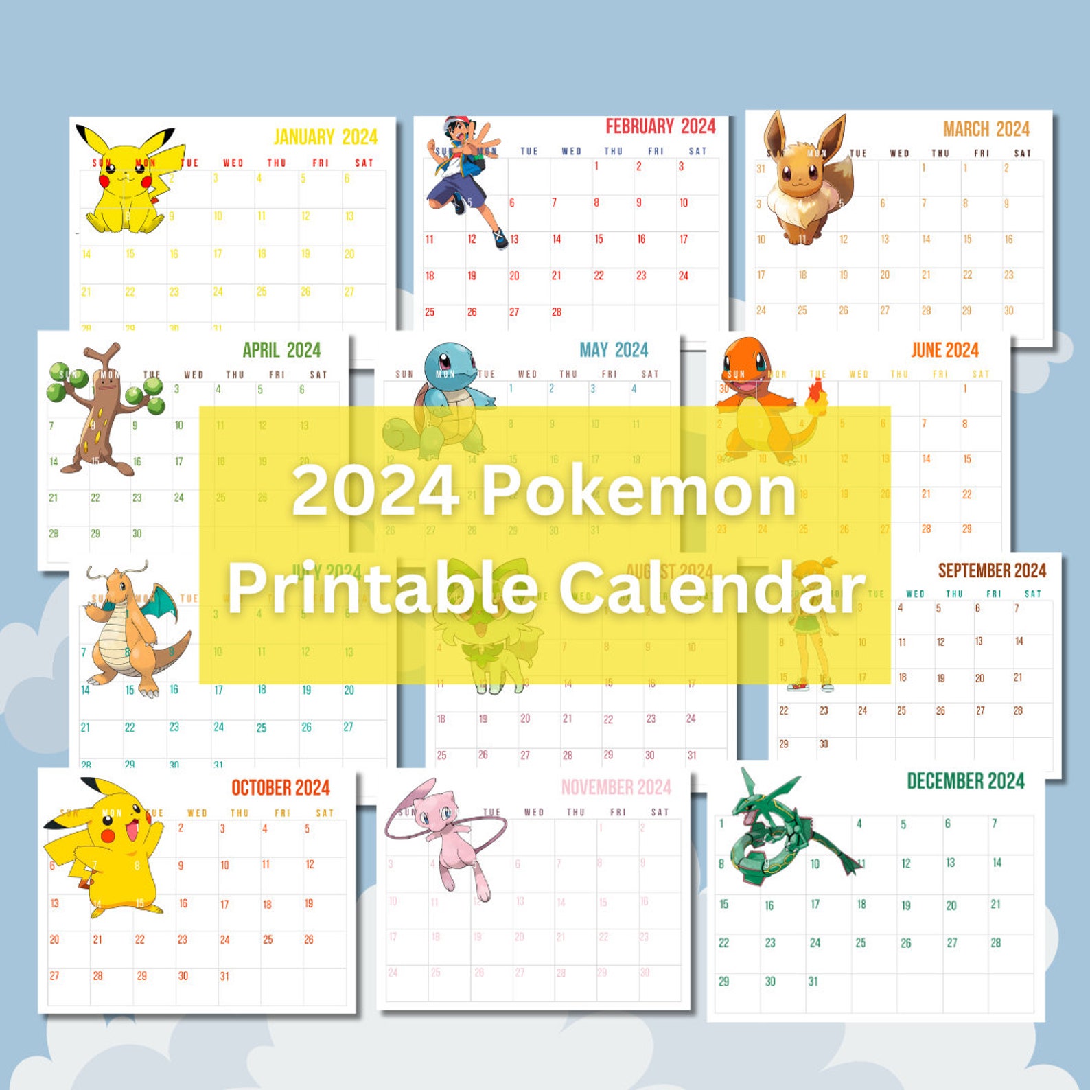 Pokemon Printable Calendar 2024, Gaming, Game, Game Room Decor, Gaming