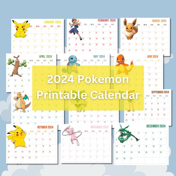 Pokemon Printable Calendar 2024, Gaming, Game, Game Room decor, Gaming Gifts, Wall Art, Calendars, Pikachu, Mew, Rayquaza, Ash, May