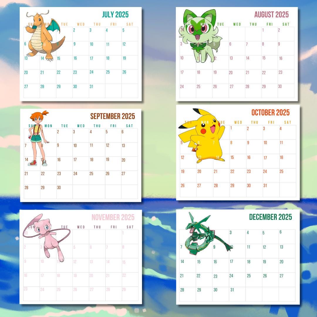 Pokemon Printable Calendar 2025, Gaming, Game, Game Room Decor, Gaming Gifts, Wall Art, Calendars, Pikachu, Mew, Rayquaza, Ash, May - Etsy