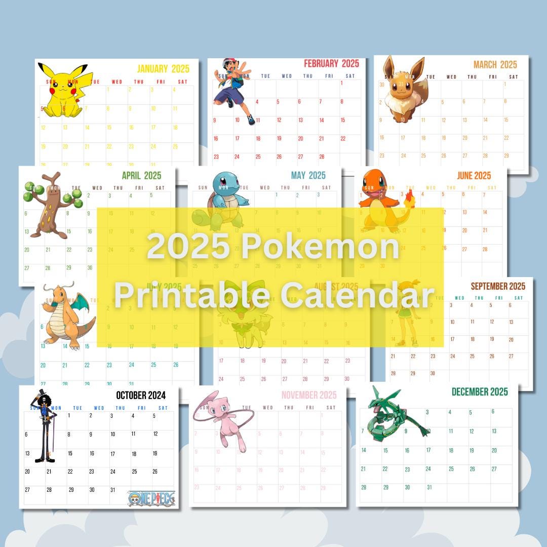 Calendario imprimible de Pokémon 2025, juegos, juego, decoración de