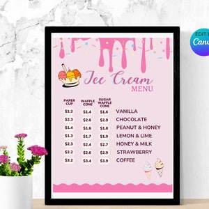 Ice Cream Shop Menu, Pricelist Template, Editable Dessert Menu, Sweet Treats Menu, Custom Ice Cream Pricelist Flyer, Ice cream Flavor Sign