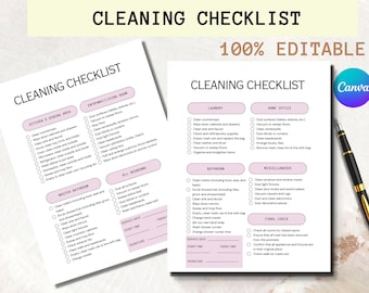 Könnte beinhalten: Eine druckbare Reinigungscheckliste mit Abschnitten für verschiedene Bereiche des Hauses, darunter Küche, Essbereich, Eingangsbereich, Wohnzimmer, Hauptbadezimmer, alle Schlafzimmer, Wäsche, Heimbüro und verschiedene Bereiche. Die Checkliste ist zu 100 % bearbeitbar und enthält Platz für das Servicedatum, die Startzeit, die Endzeit und die Unterschrift.