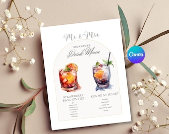Pobierz szablon menu drinków weselnych, szablon menu koktajlowego, edytowalny znak menu drinków akwarelowych, znak drinków dla niego i dla niej