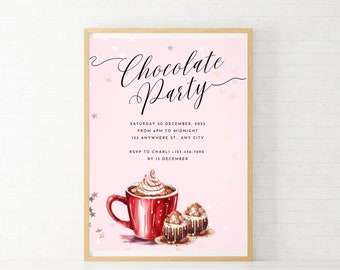 May include: A pink invitation with gold stars for a chocolate party. The invitation includes the date, time, and location of the party. It also includes a picture of a red mug with whipped cream and chocolate sauce, and two chocolate cupcakes.