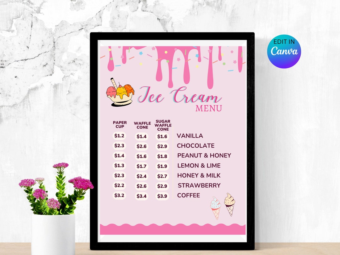 Ice Cream Shop Menu, Pricelist Template, Editable Dessert Menu, Sweet