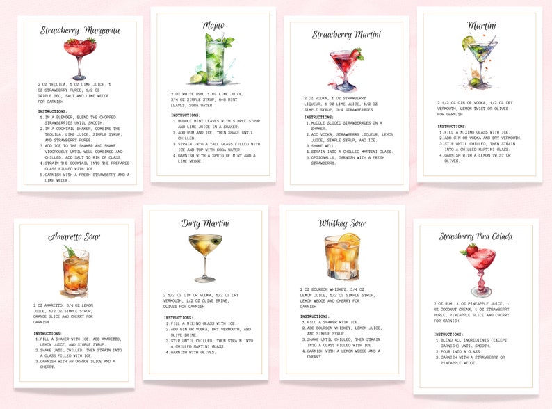 Drink Recipe Cards Template, Cocktail Recipe Cards, Printable Recipe ...