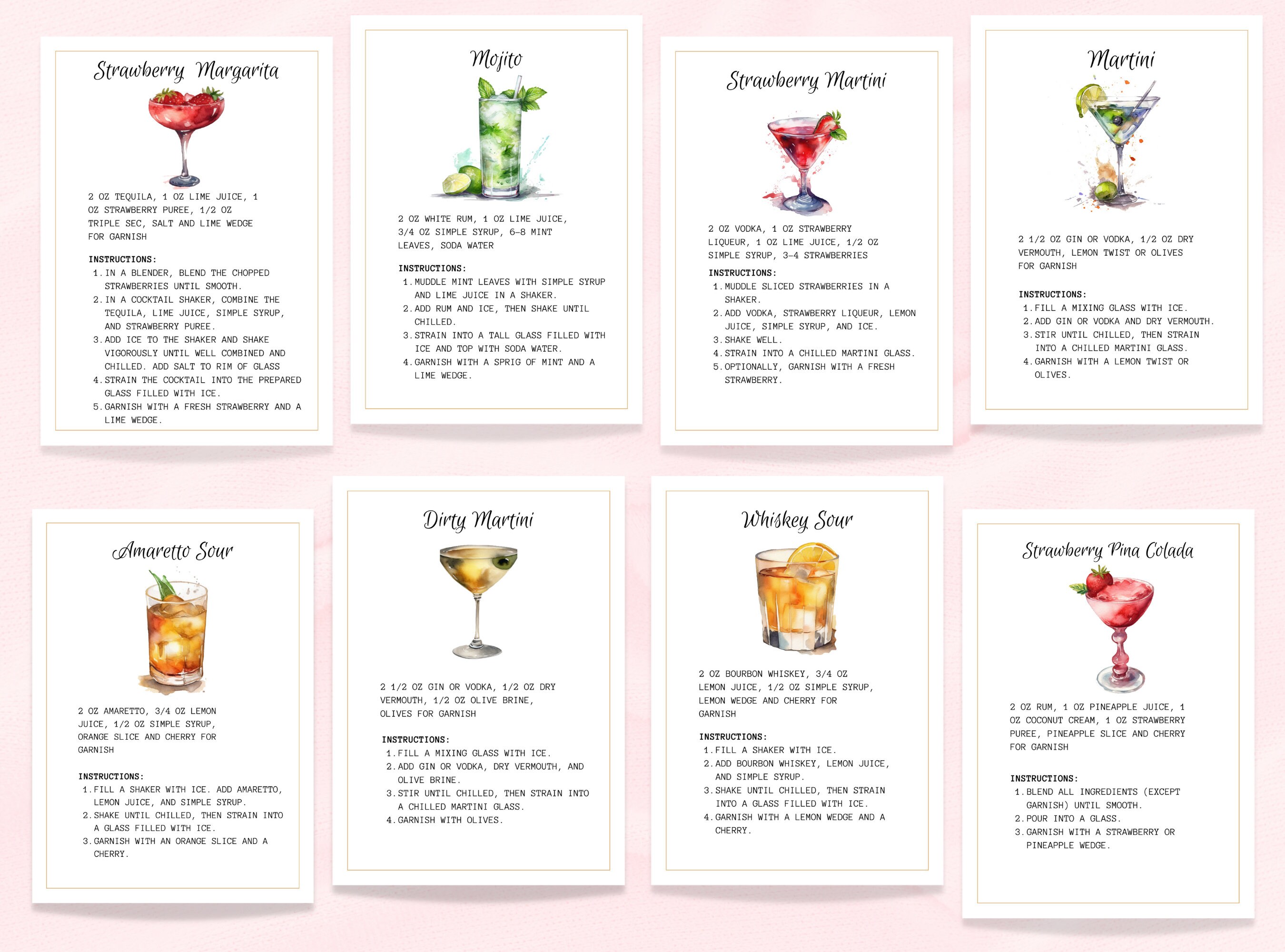 Drink Recipe Cards Template Cocktail Recipe Cards Printable Recipe