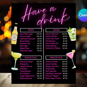 Bar Menu Template, Drink Menu Template, Customizable Drink Menu, Bar ...