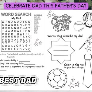 Hoja de actividades para niños del Día del Padre, Completa los espacios en blanco, Página para colorear &quot;Todo sobre papá&quot;, Hoja de actividades para niños en restaurantes, Página imprimible