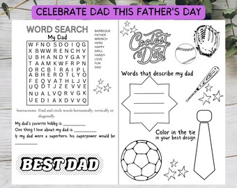 Father&#39;s Day Kids&#39; Activity Sheet, Fill in the Blanks, Color In All About Dad Page, Kids&#39; Activity Sheet For Restaurants, Printable Page