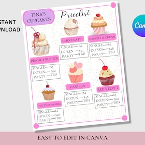 Modelo de menu de padaria, modelo de menu de sobremesas, planilha de lista de preços, planilha de menu de padaria de cupcake, fudge, brownie, menu de preços de edição fácil, menu de loja DIY