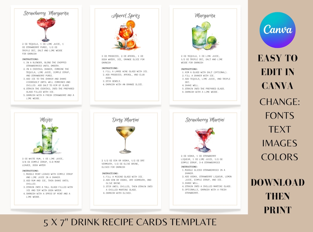 Drink Recipe Cards Template, Cocktail Recipe Cards, Printable Recipe