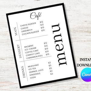 Plantilla de menú de comida, menú de comida de restaurante simple, plantilla de menú de negocios, menú de cafetería, menú de mesa minimalista, diseño de menú de bricolaje editable en Canva