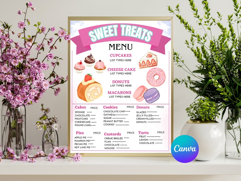 Dessert Menu Template, Customizable Dessert Menu, Editable Dessert Bar