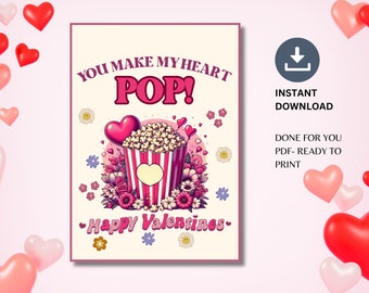 Retro Popcorn Valentine Card Printable, Editable Template, Classroom Valentines Party Printable, DIY Kid&#39;s Valentine Popcorn Tag, DIY Label