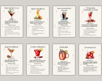 May include: A set of eight illustrated recipe cards for winter cocktails. Each card features a watercolor illustration of a cocktail, along with the ingredients and instructions for making the drink. The cocktails include Peppermint Hot Cocoa Martini, Apple Cider Mimosa, Winter Wonderland Hot Chocolate, Pomegranate Champagne Cocktail, Gingerbread Martini, Cranberry Margarita, Holiday Mule, and Christmas Punch.