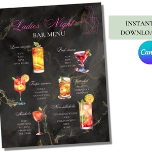 Szablon menu baru, Szablon menu drinków, Dostosowywalne menu drinków, Znak menu drinków na wieczór panieński, Menu koktajlowe, Menu drinków firmowych, Do druku