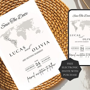 Electronic Love Map Save The Date Invitation Template, Minimal Destination Wedding, Travel Lovers Themed Save The Date Card, Editable Evite