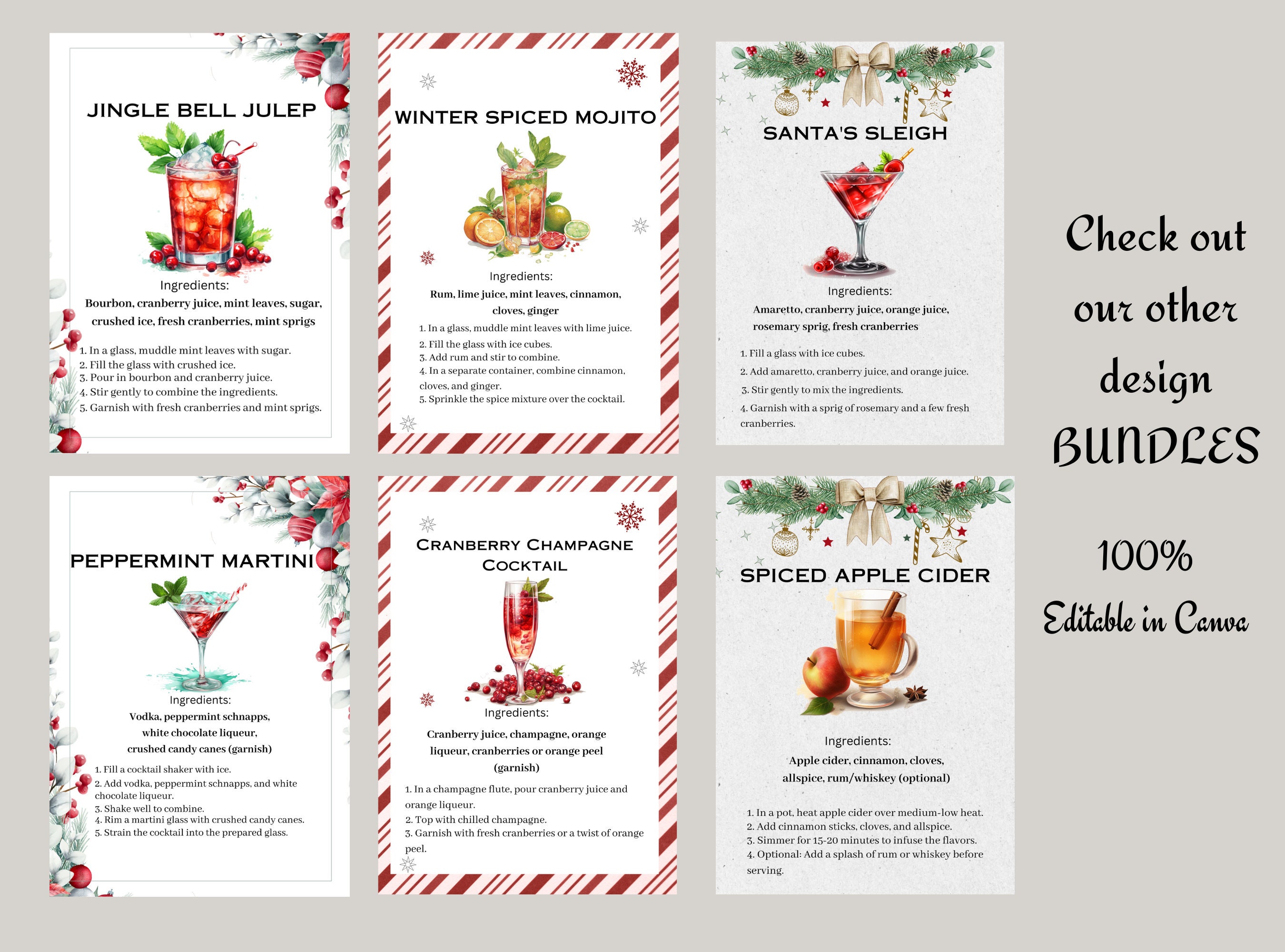 Christmas Drink Recipe Cards Template, Christmas Cocktail Recipe Cards ...
