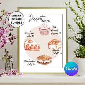 May include: A dessert menu with watercolor illustrations of four different desserts: a strawberry slice, a pink caramel cupcake, a cinnamon roll, and a marshmallow s'more. Each dessert has a name and price listed below it.