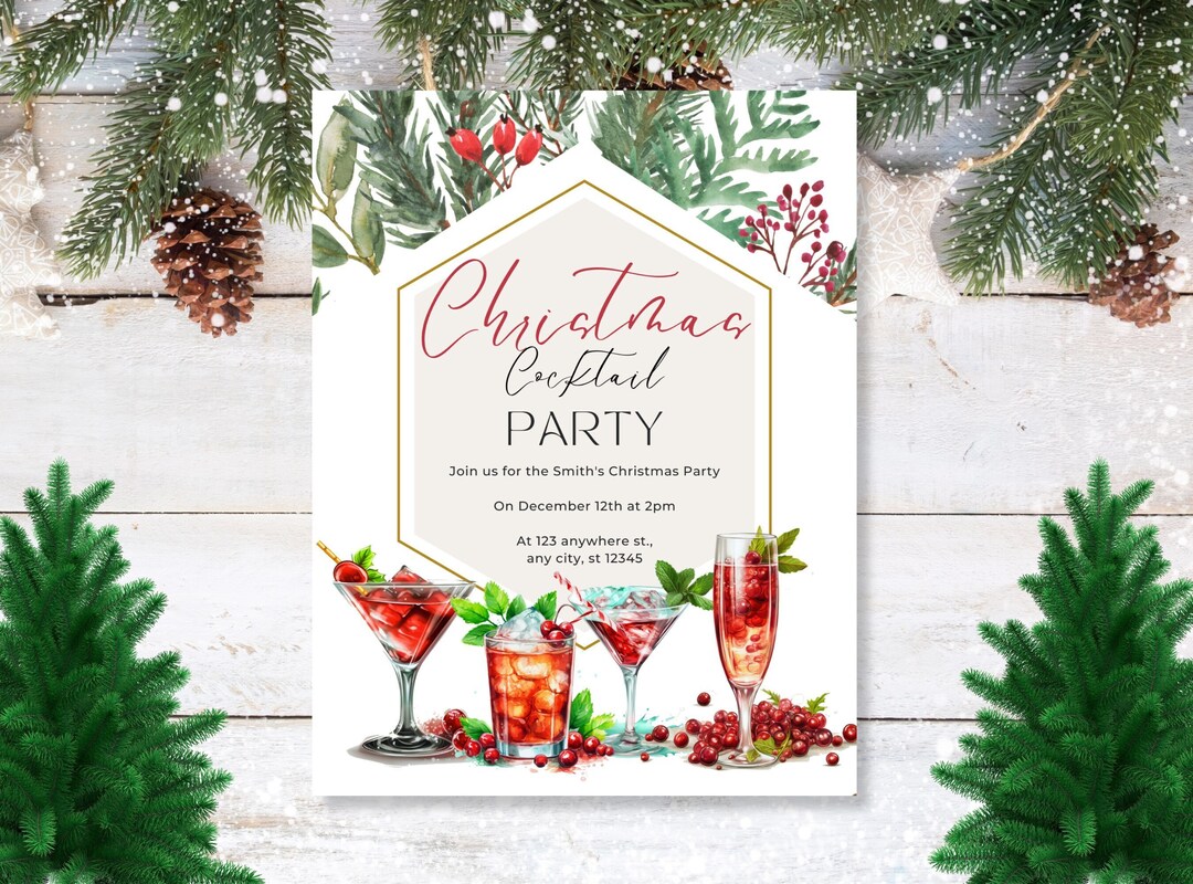 Christmas Cocktails Party Invitation Template, Holiday Cocktail